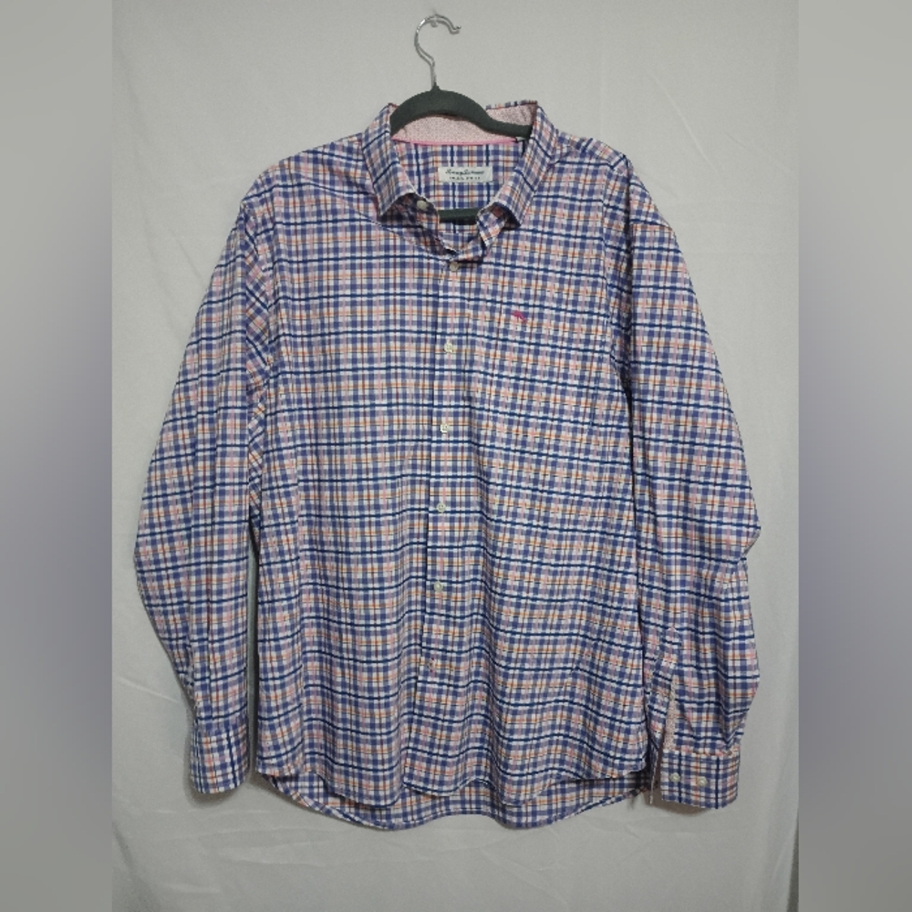Tommy Bahama Men's Blue and Pink Plaid Long Sleeve Shirt